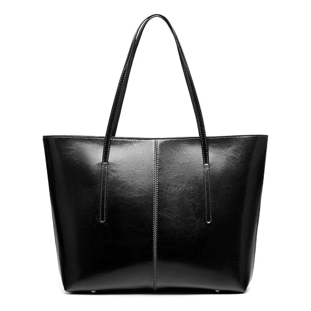 Vintage Genuine Leather Tote Shoulder Bag for Women with Zipper - Black
