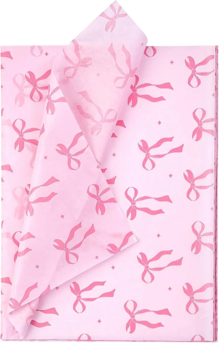 Pink Bow Tissue Paper - 60 Sheets 14 x 20 Inch Pink Ribbon Bow and