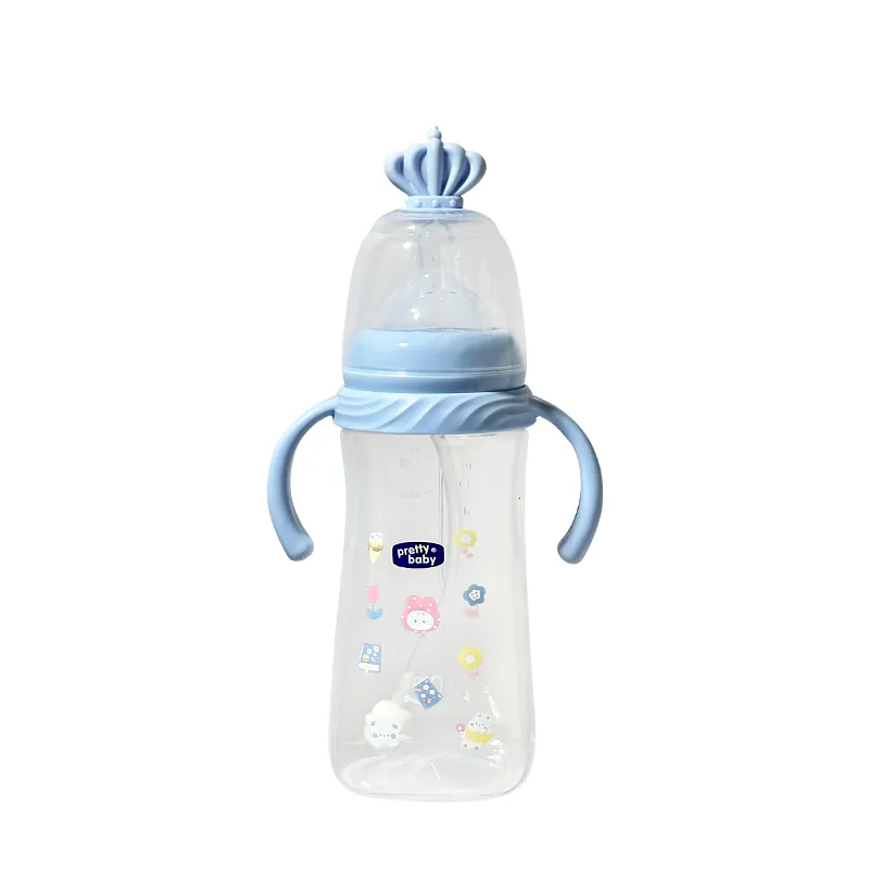 Cute Crown Baby Feeding Bottle with Weighted Straw & Handles (330ml) - Blue
