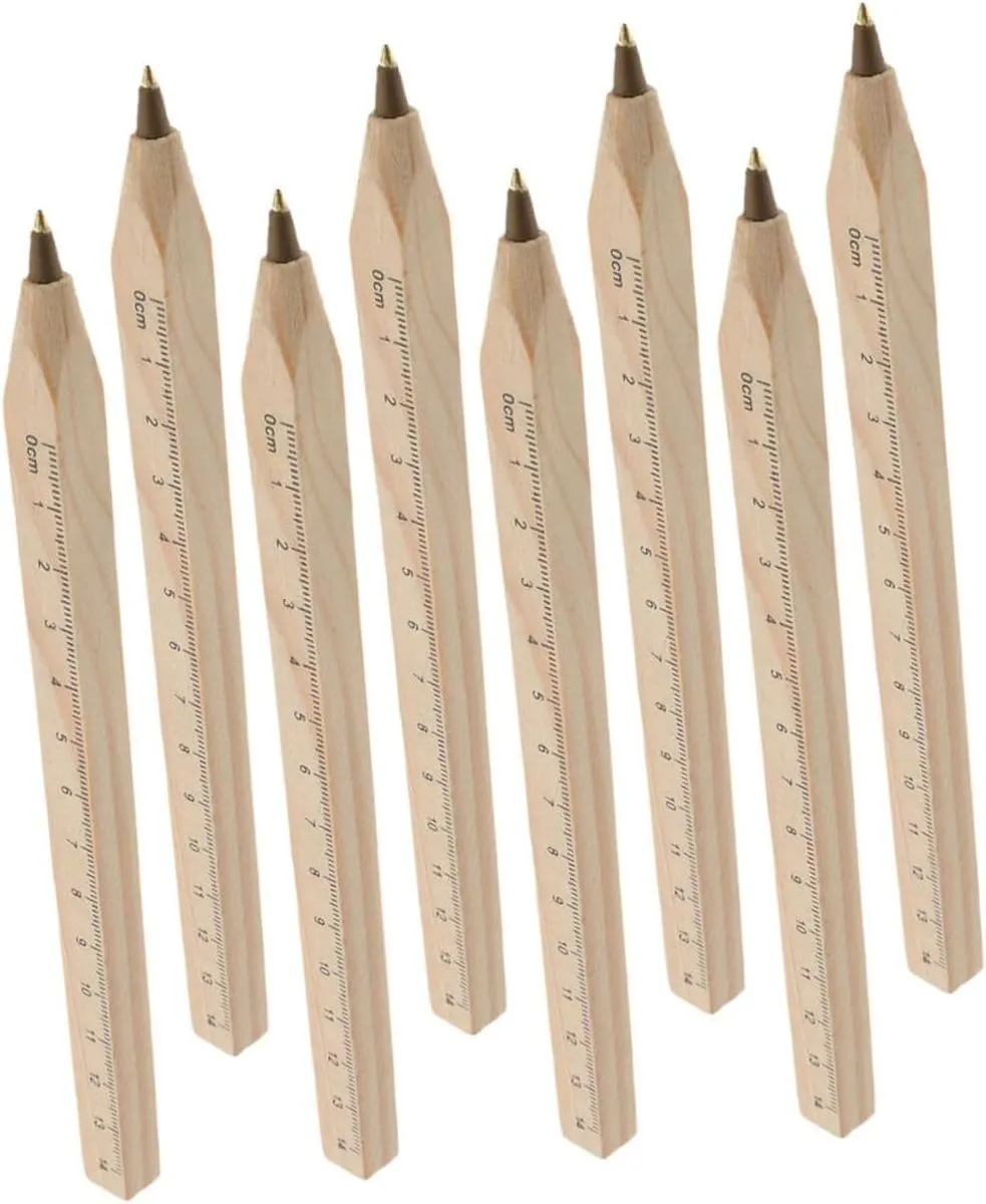 8pcs Wooden Ballpoint Pens with Fine Point and Ruler Smooth Writing Ink