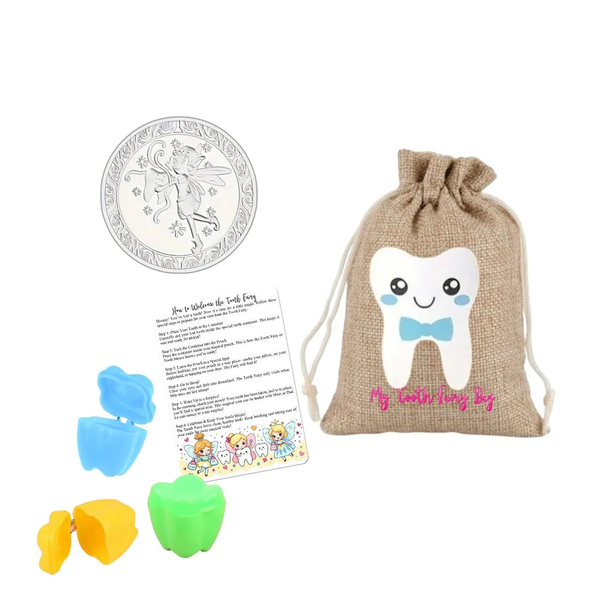 Classic Tooth Fairy Set - Classic Coin, Pouch, Tooth Container - Blue