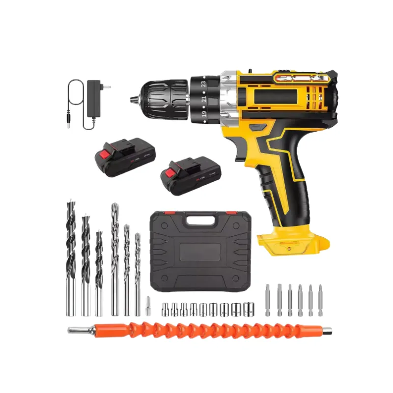 21V Yellow Cordless Drill Driver Set with Dual Batteries