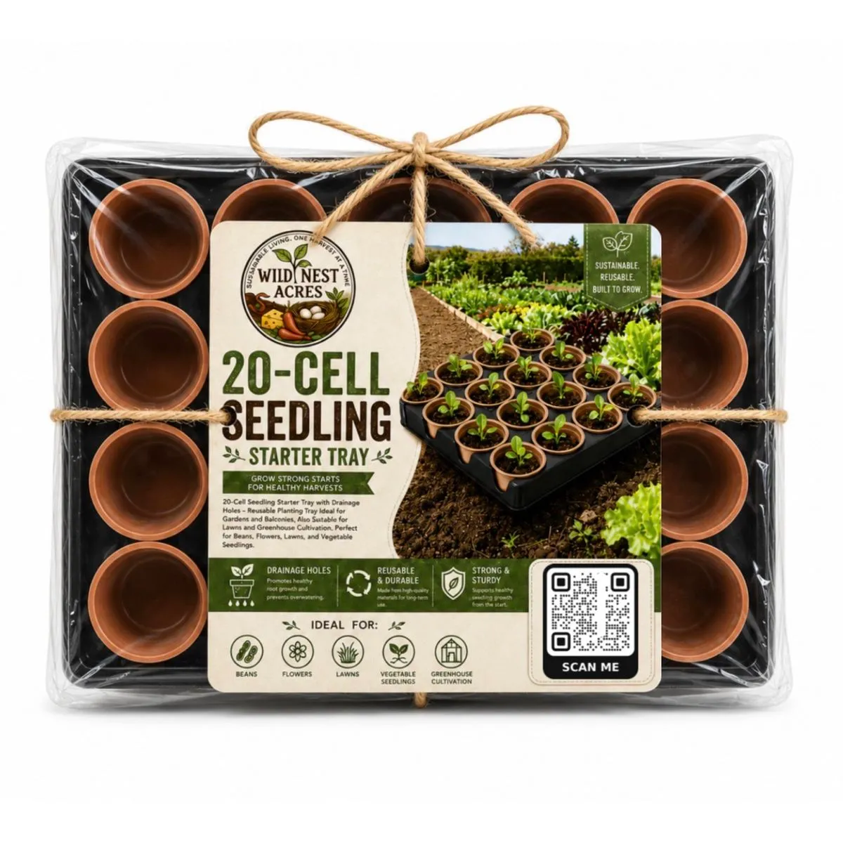 20 Cell Seedling Starter Tray with Reusable Pots and Drainage Holes