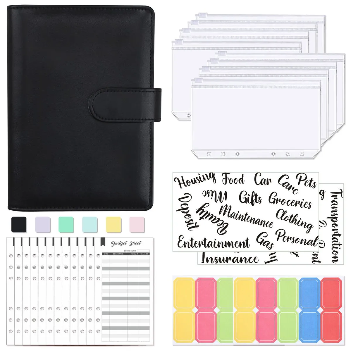 A6 Binder Budget Notebook Leather PU Binder Cash Budget Planner - Black