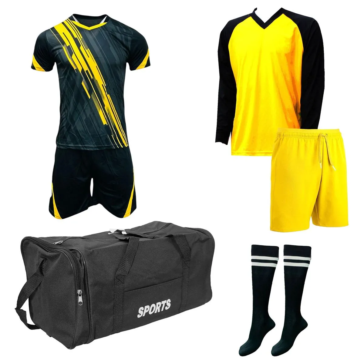Complete Soccer Kit & Goalkeeper Set with Kit Bag - Football Team of 15 - Black & Gold