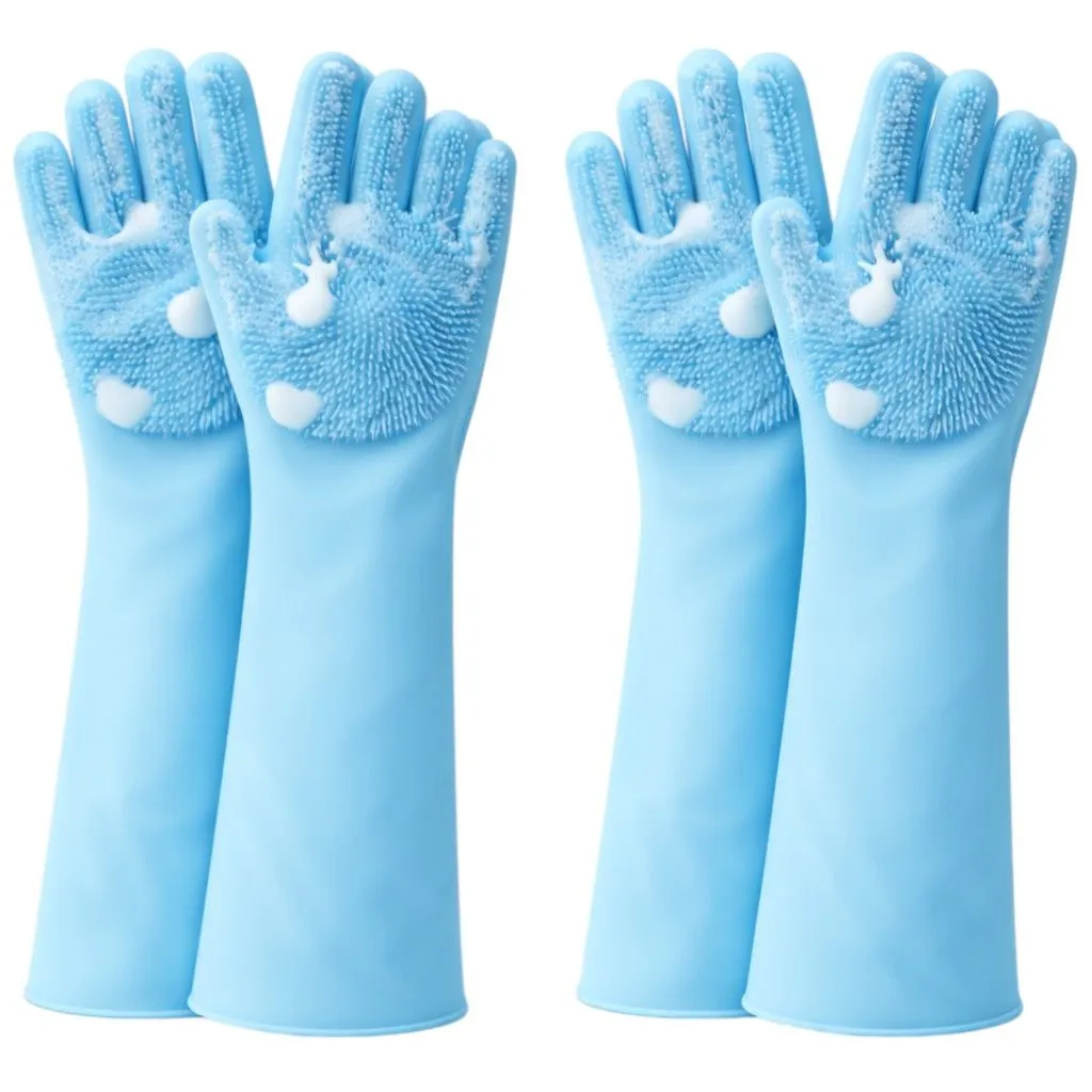 4 Piece - Durable Silicone Pet Bathing Scrub Gloves Set - Blue