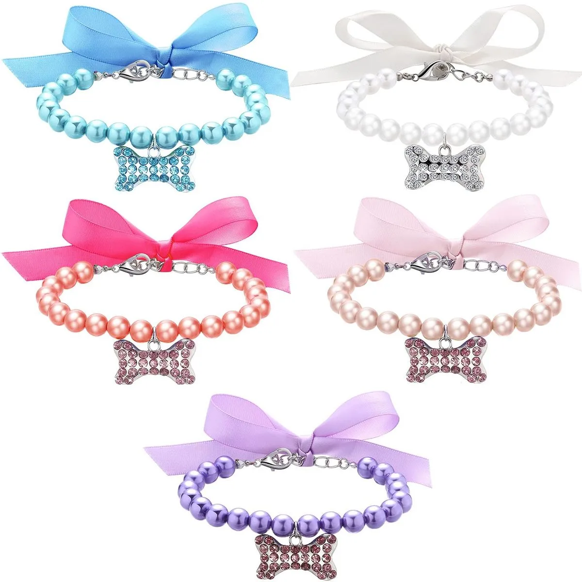 5-Piece Pet Pearls Collar Bling Accessories Ribbon Bow Cat Jewelry 7.9+2"