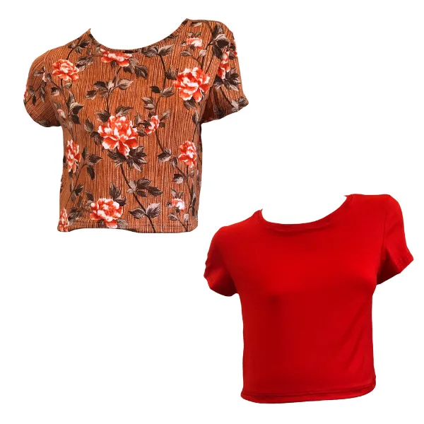 Maternity 2-Pack Short Sleeve DTY Crop Tops Orange Flowers & Red