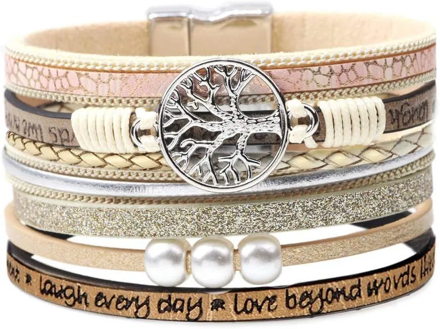 Leather Bracelets - Inspirational Tree of Life Bracelets, Gifts for Women - off white