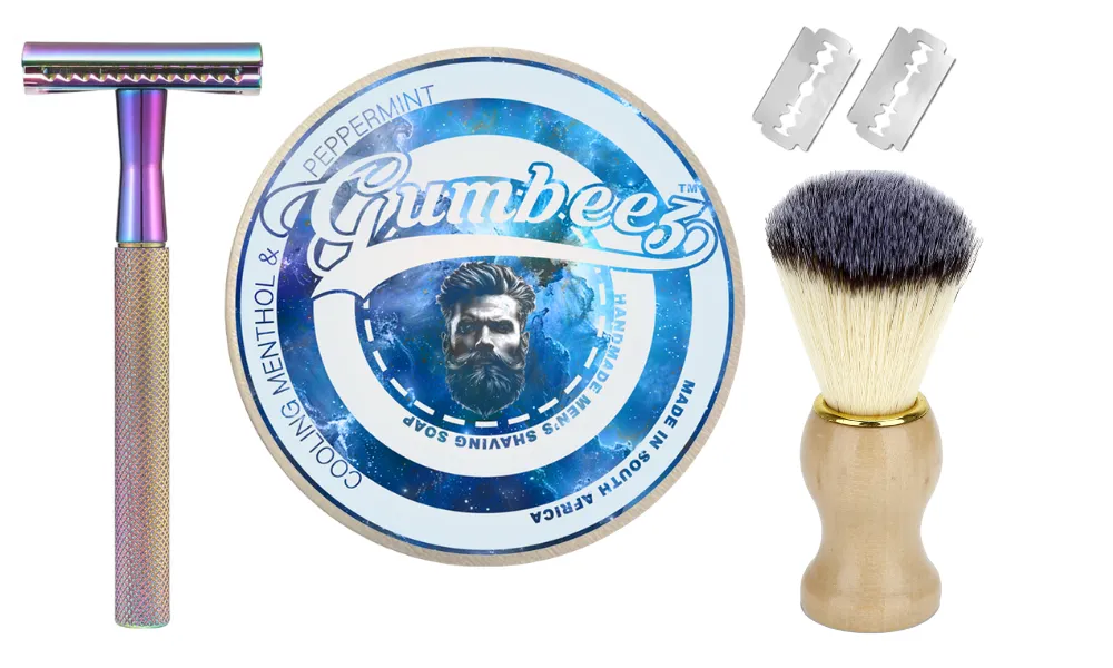 Gumbeez Premium Safety Razor Shaving Kit with Menthol/Peppermint Shave Soap - Rainbow