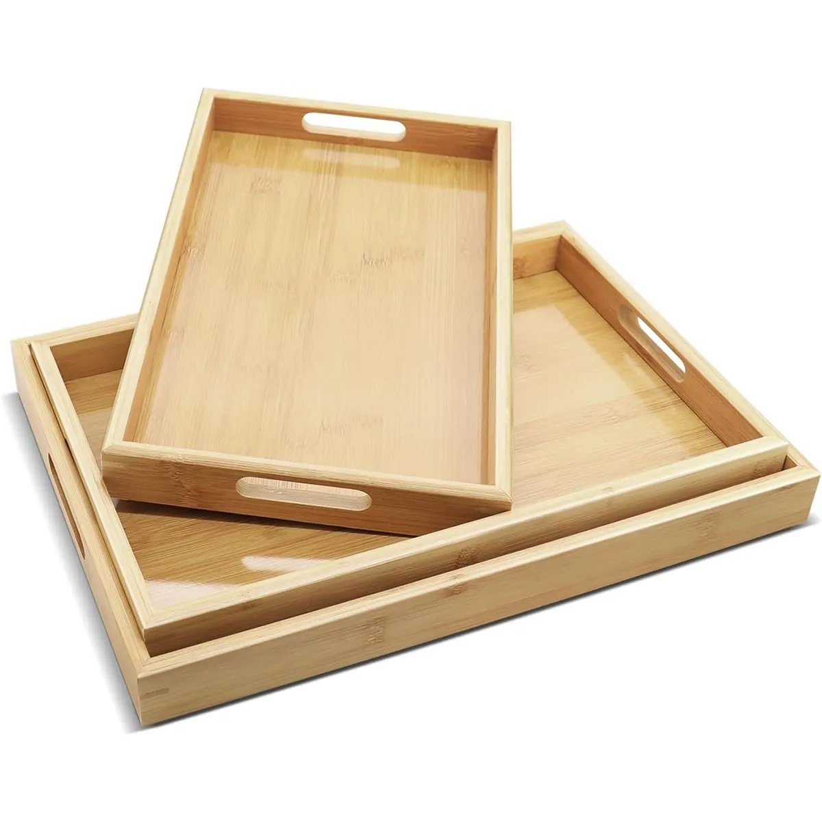 Bamboo Tray For Serving Food-3 Pack Bamboo Wooden Serving Trays With Handle