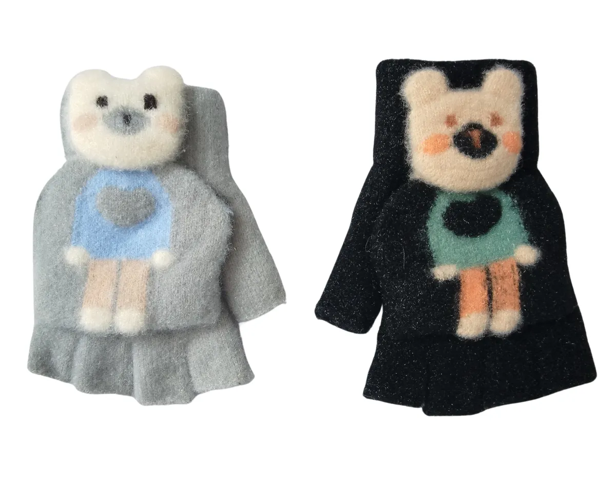 Kids Cute Bear Half Finger Mitten Gloves 2 Pack - Black & Grey