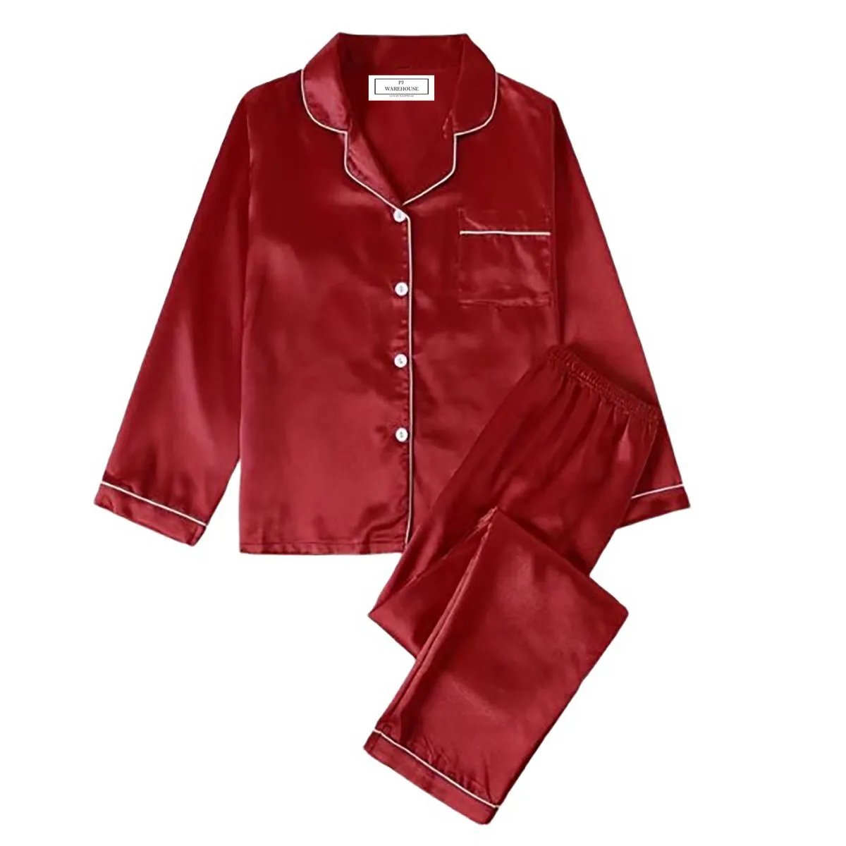 PJ Warehouse Ruby Red Satin Winter Pj with White Piping