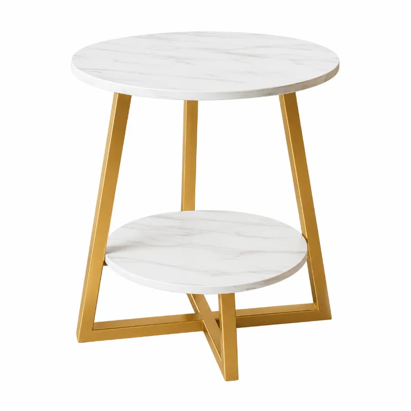 Modern Marble-Style Side Table with Storage Shelf - Gold Frame