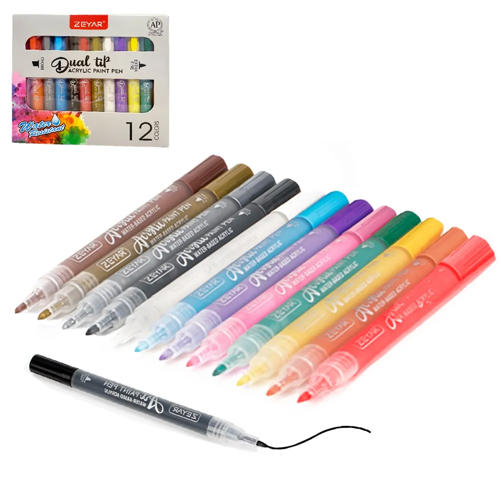 ZEYAR - 12/24/48 Water-based Acrylic Paint Marker Pen, 0.7mm Extra Fine Tip - colourful-12Pcs