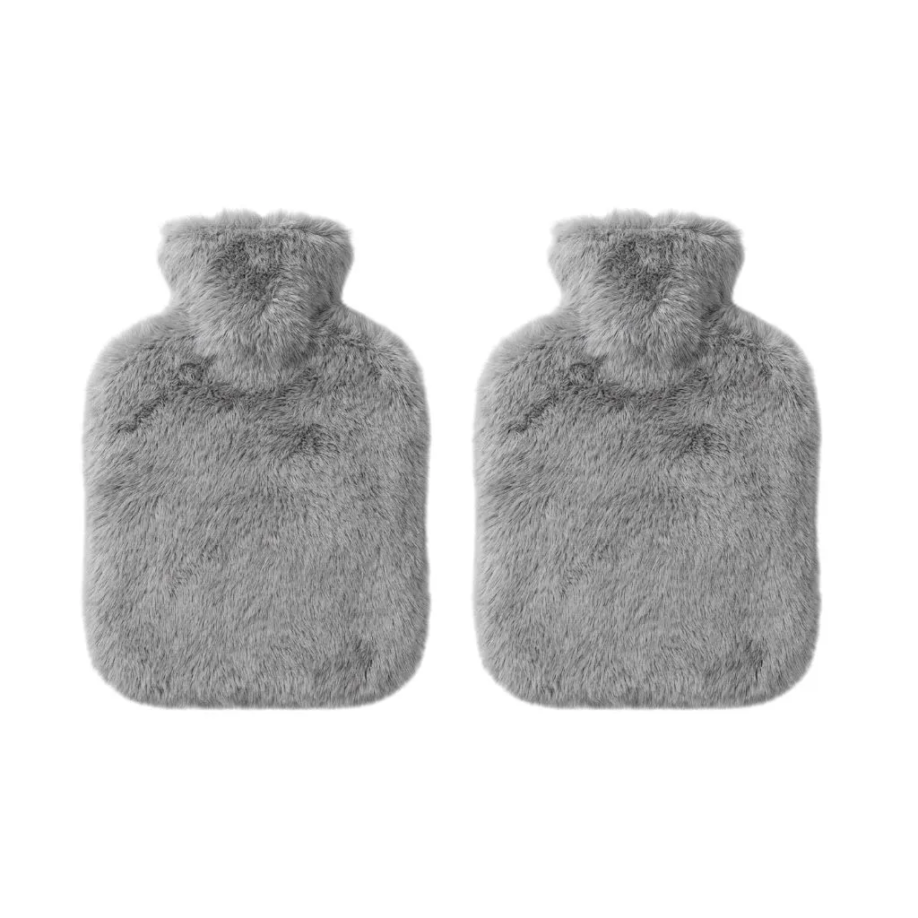 2 Pack Bulk - 1L Small Soft Portable Fluffy Plush Fleece Hot Water Bottle - Grey