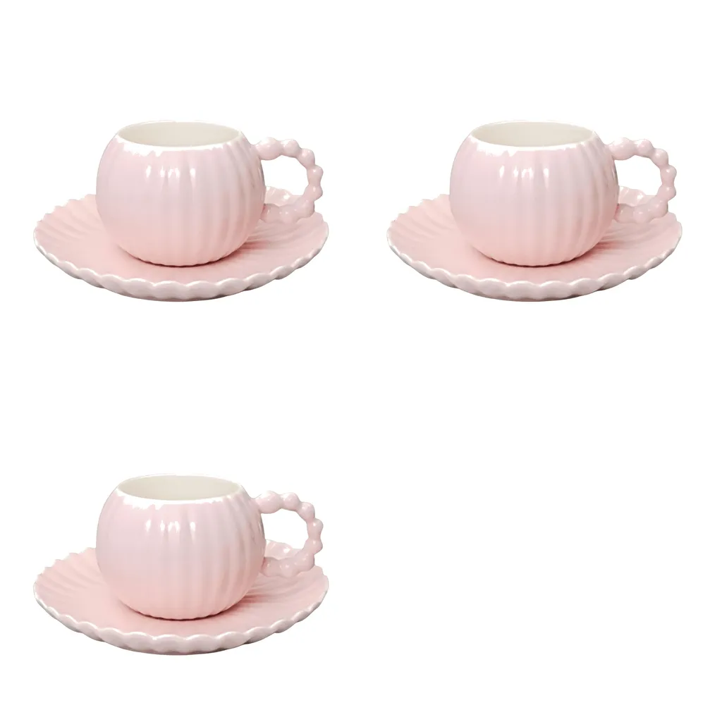 6 Piece - 280ml Ceramic Coffee Cup And Saucer Set - Pink