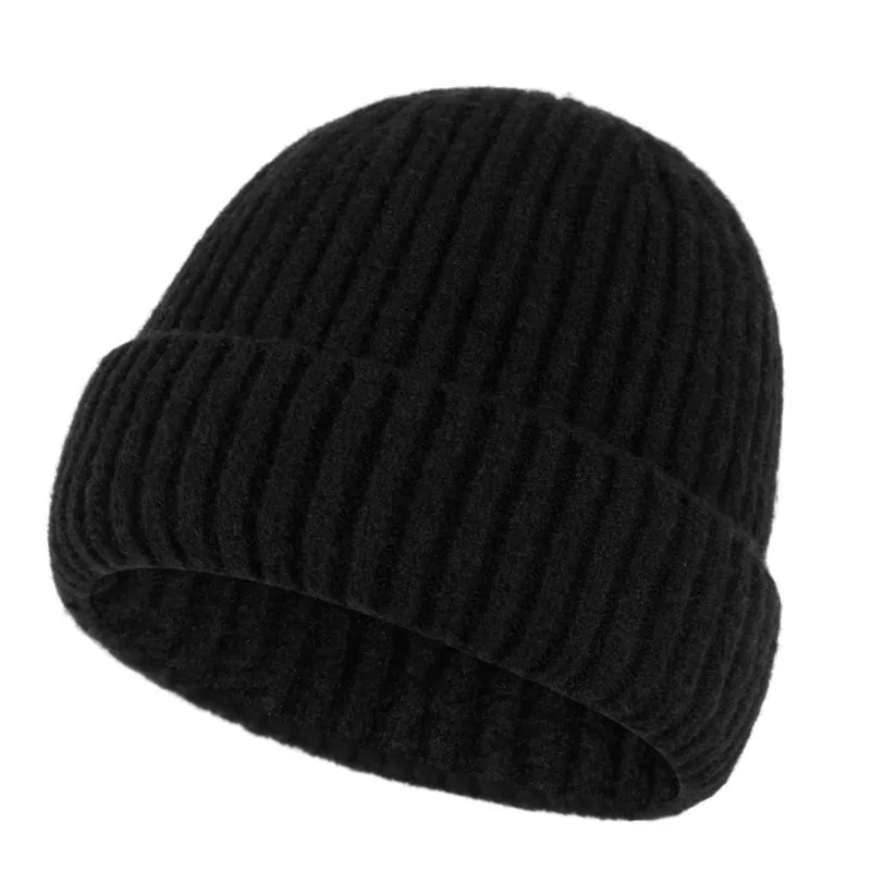 Dark Tone Fuzzy Yarn Ribbed Beanie Stretch Winter Hat For SA Young Men & - Black