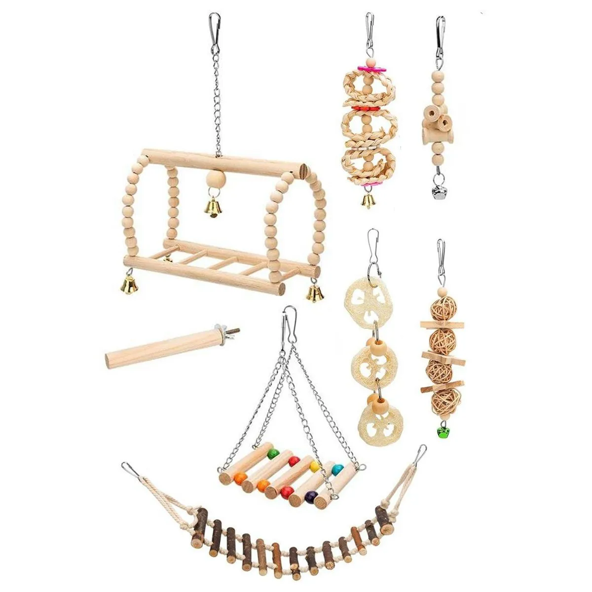 8 Piece Bird Toys Set Combination Hanging Climbing Wooden Training Ladder Toy