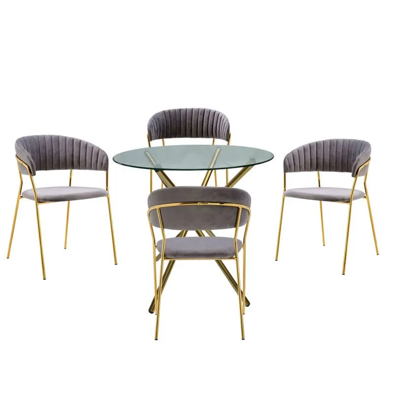 Round Glass Table with 4 Modern Velvet and Gold Metal Dining Chairs
