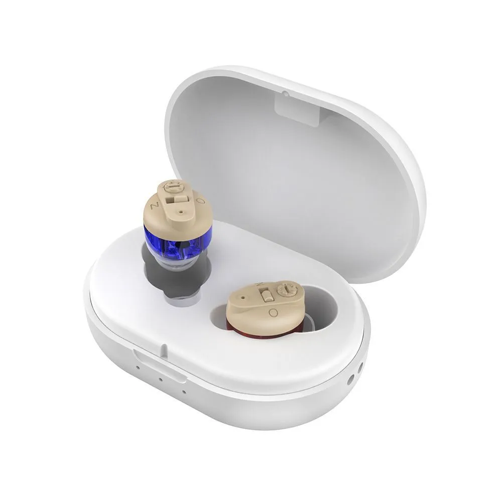 Elderly Sound Amplifier Wireless Invisible with Charging Case - Red and blue