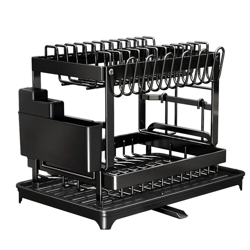 2-Tier Dish Drying Rack Knifes Cup Cutting Draining Board Kitchen Counter