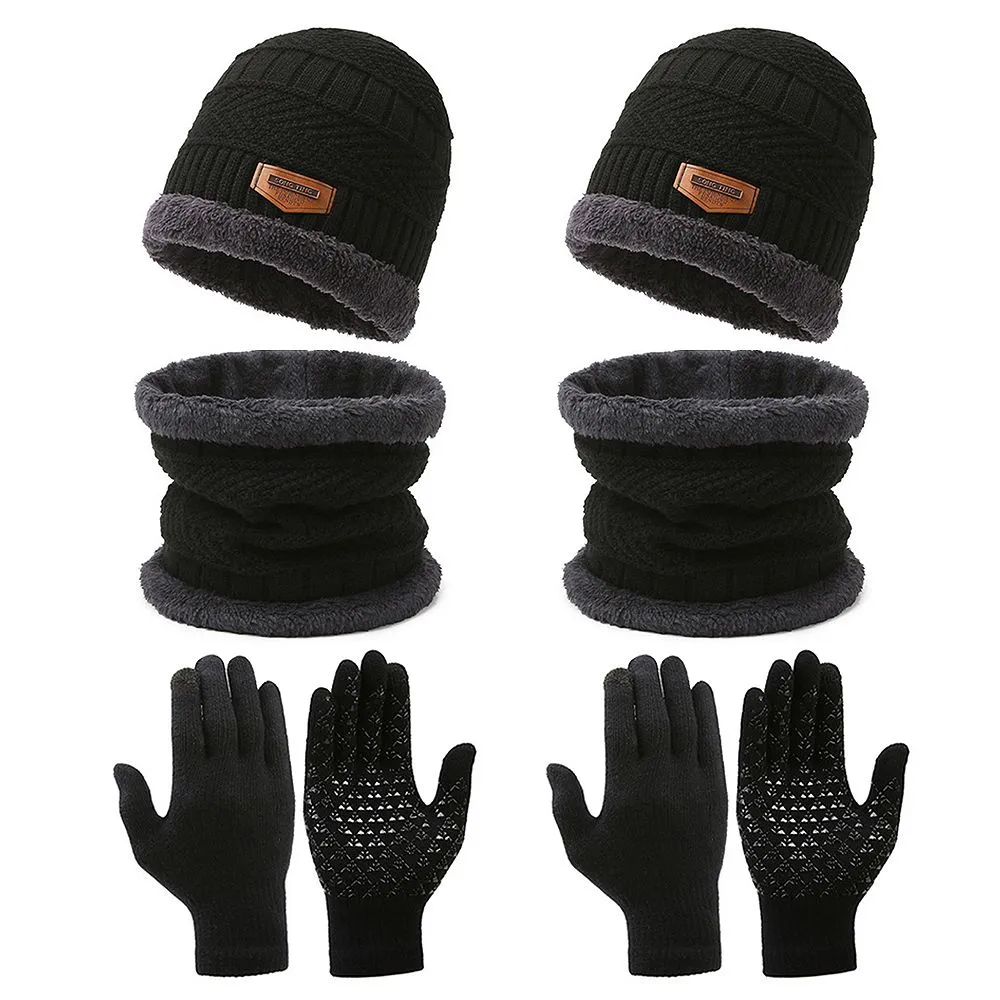 8 Piece Unisex Winter Warm Knit Beanie Hat Polo Neck Scarfs & Gloves 2 Sets - Black