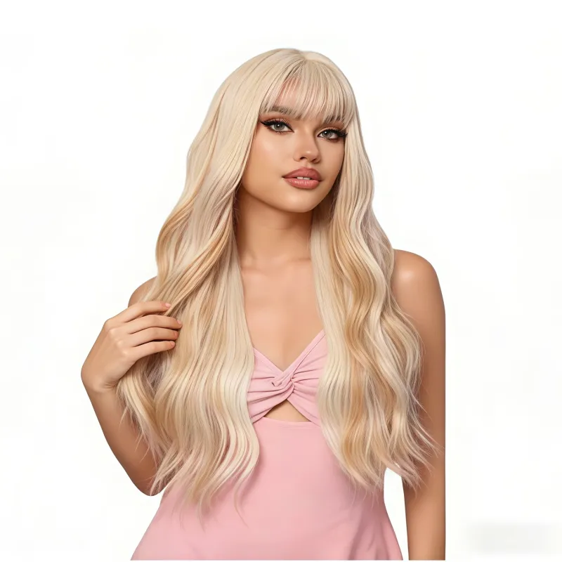 Platinum Blonde Full Bang Long Wavy Synthetic Wig