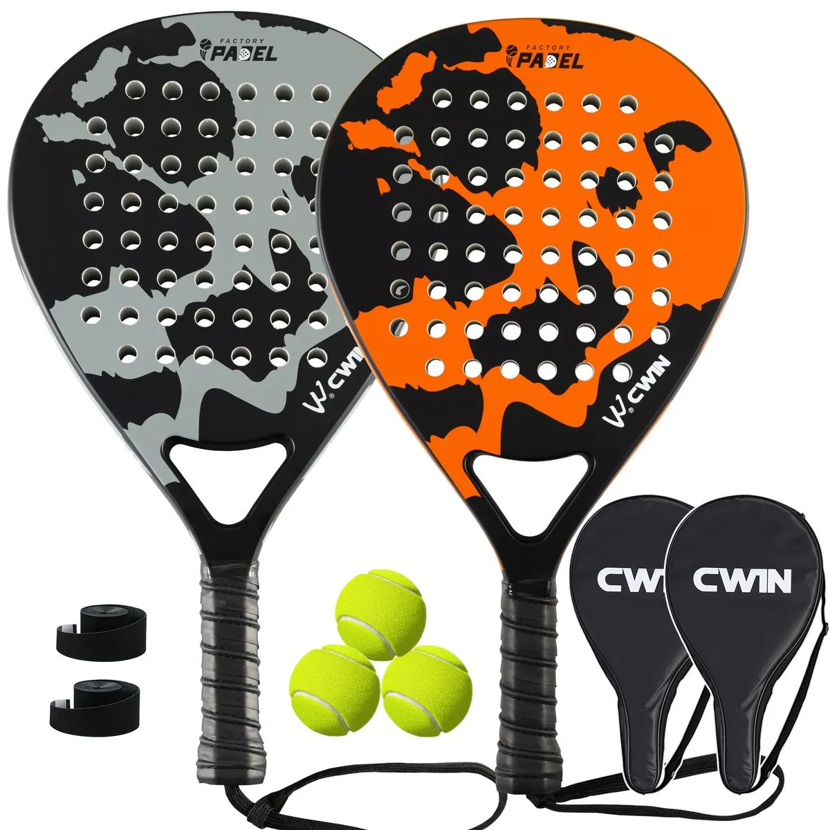 2 Padel Rackets with Covers, 3 Balls and 2 Grips, Carbon Fiber - Orange