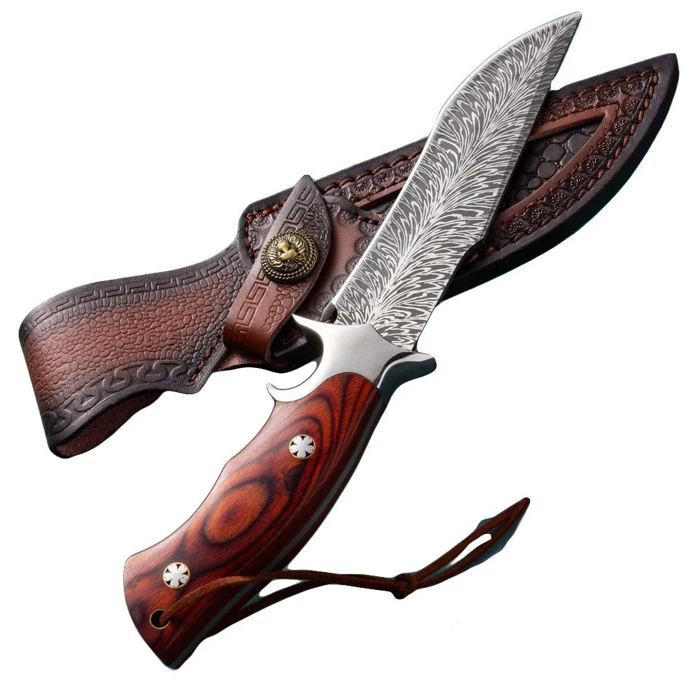 Steel Knife with Rosewood Handle & Leather Sheath for Camping Hunting Gift