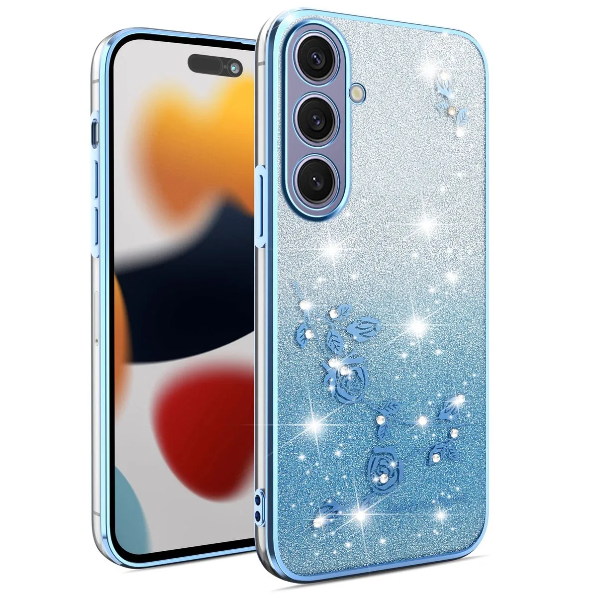 Flowers Diamond Shining Phone Case Compatible with Samsung Galaxy S25 - Blue