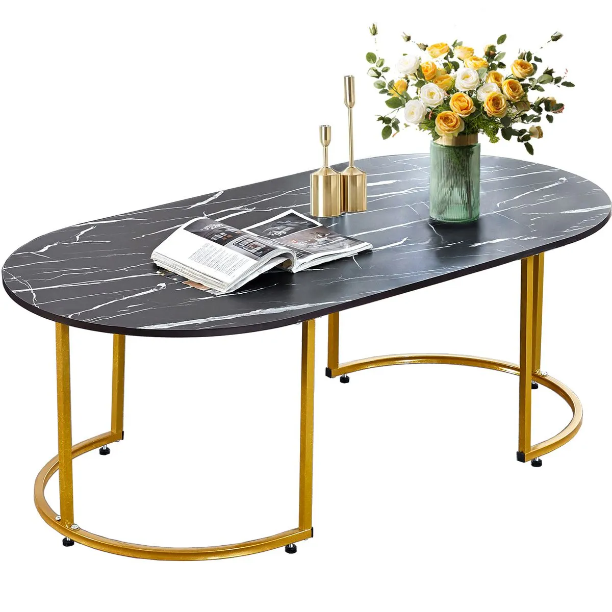 Coffee Table Sofa Side Table Center Table Desk Home Office Oval - Black Gold