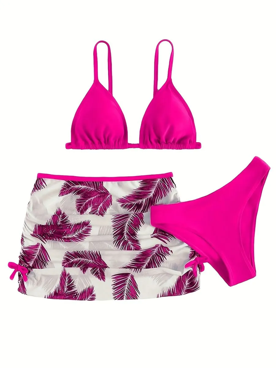 3-Piece Tropical Print Swimsuit with Drawstring Beach Skirt, Cute Swimwear