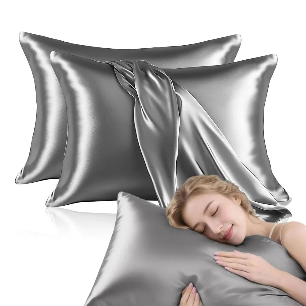 2-Piece Satin Pillowcases, Silky Pillow Cover with Envelope Closure 51x76cm - Grey