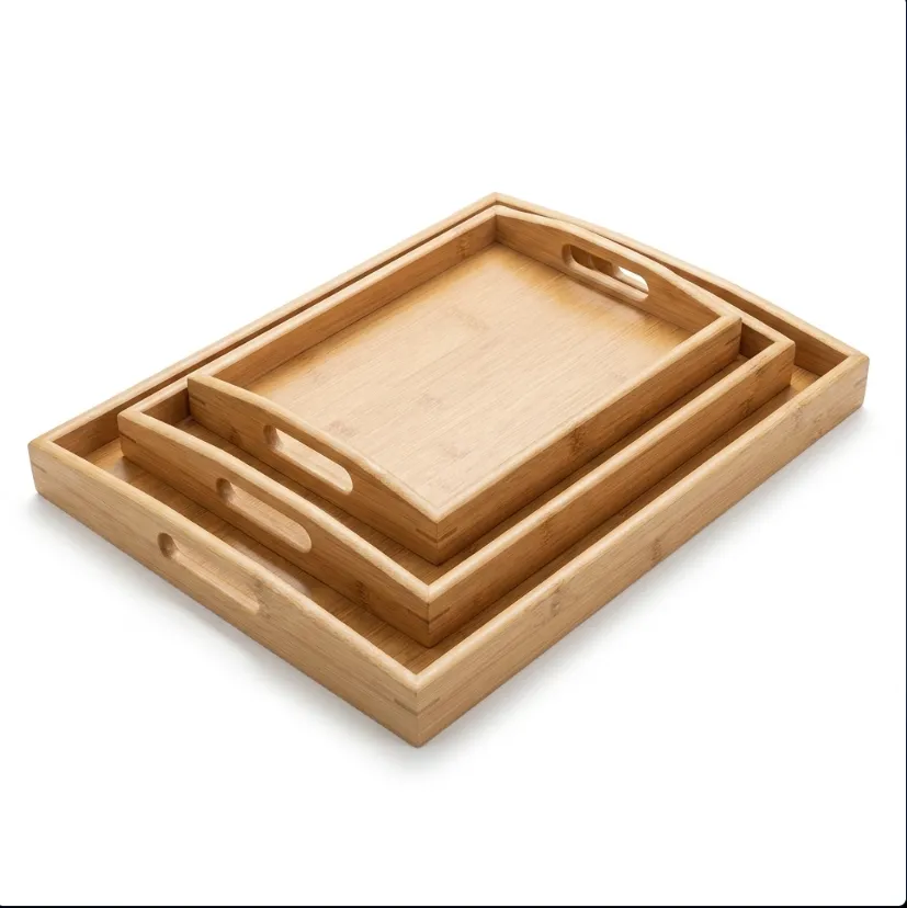 3-Piece Nestable Natural Bamboo Serving Trays with Cutout Handles for Food