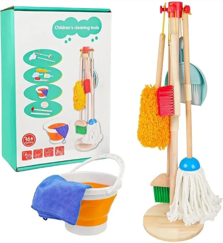 Kids Pretend Play Cleaning Set with Wooden Stand
