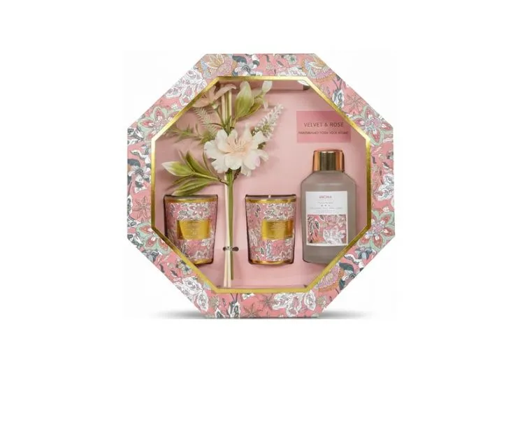 Home Fragrance Gift Set - Diffuser 80ml & 2 Candles (Gardenia/Rose) - Pink