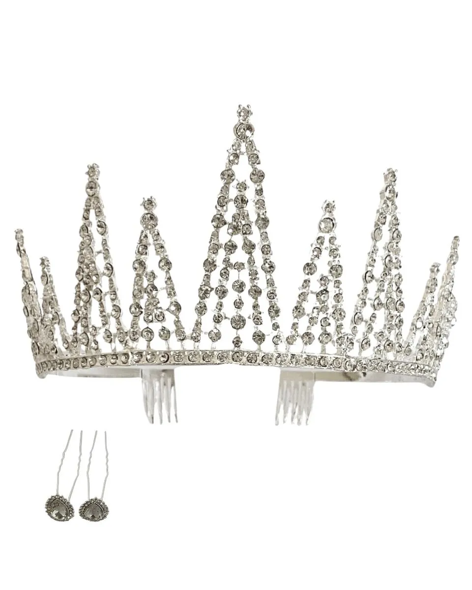 Rhinestone Crystal Tiara With 2 Rhinestone Hair Pins (03) - Silver