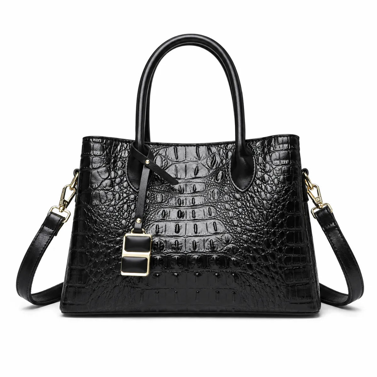 Women's Crocodile Pattern Tote Handbag with Shoulder Strap - Black