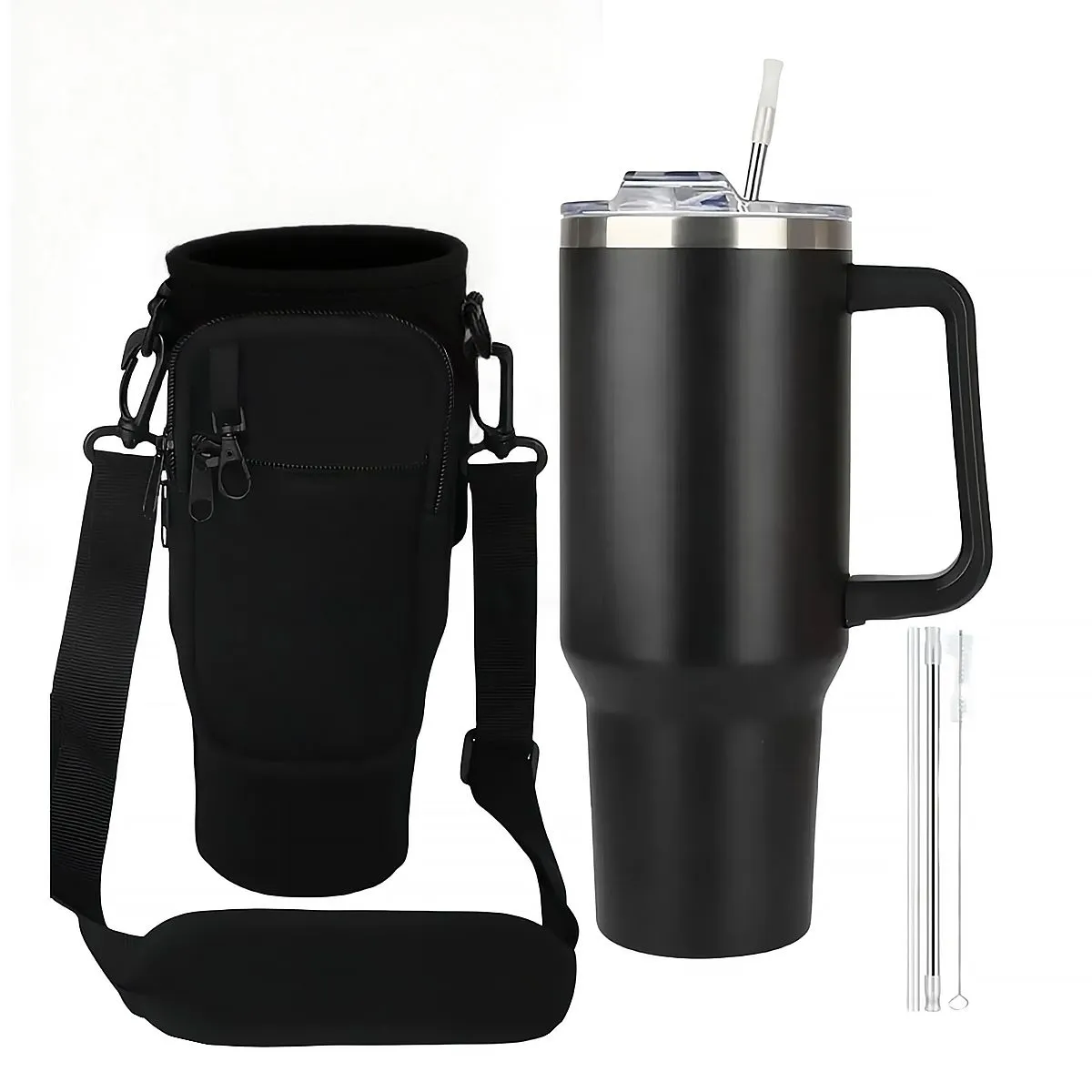 1.18L Stainless Steel Straw Cups Travel Sport Work Mug With Storage Bag - Black
