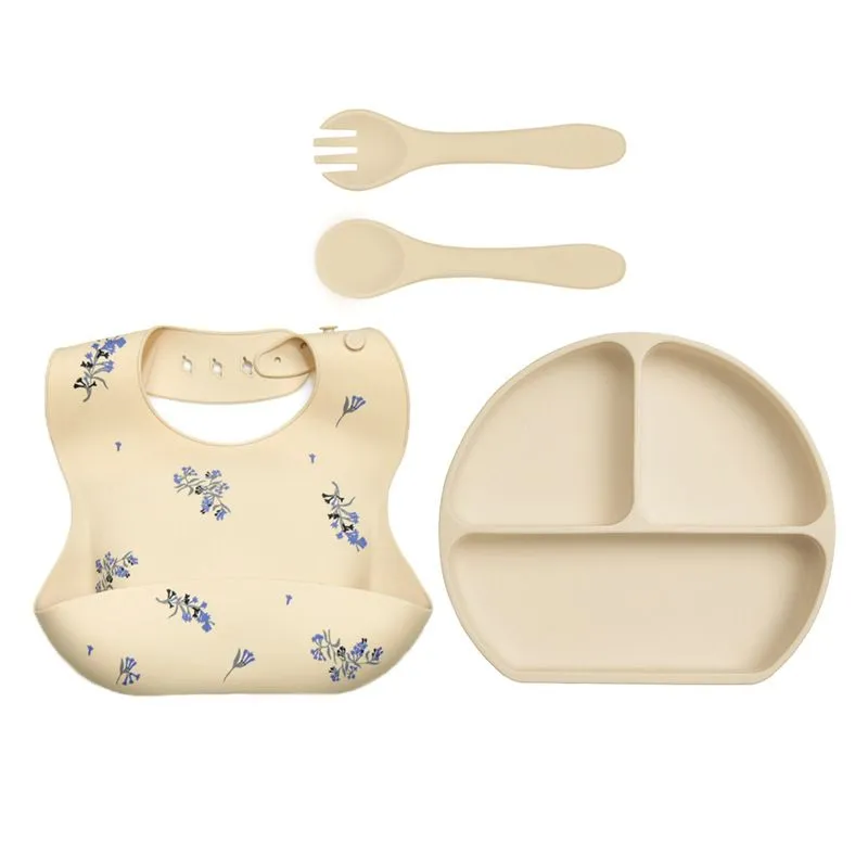 Toddler Self Feed Tableware Set Split Dish Food Catching Bib Combo - Beige + Blue