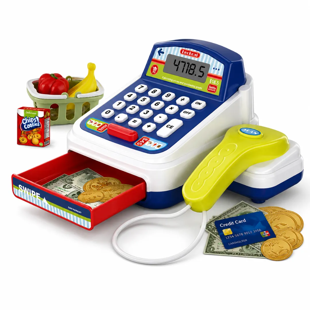Toy Cash Register Set with Scanner, Play Money & Groceries for Kids