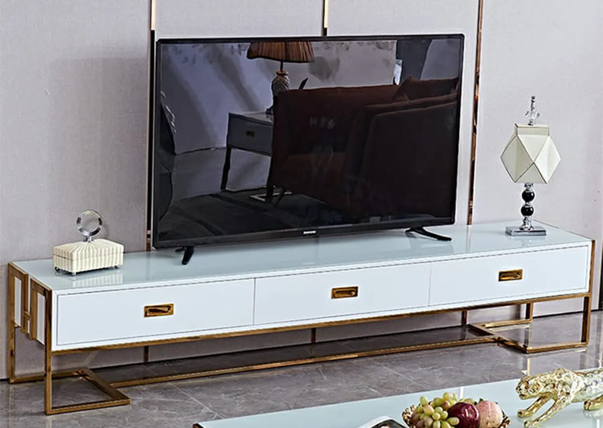 White Gloss With Gold Finish TV Stand