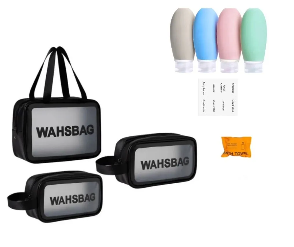 3 Pcs Cosmetic Wash Bag (Black) & Mini Travel Bottles & Travel Towel
