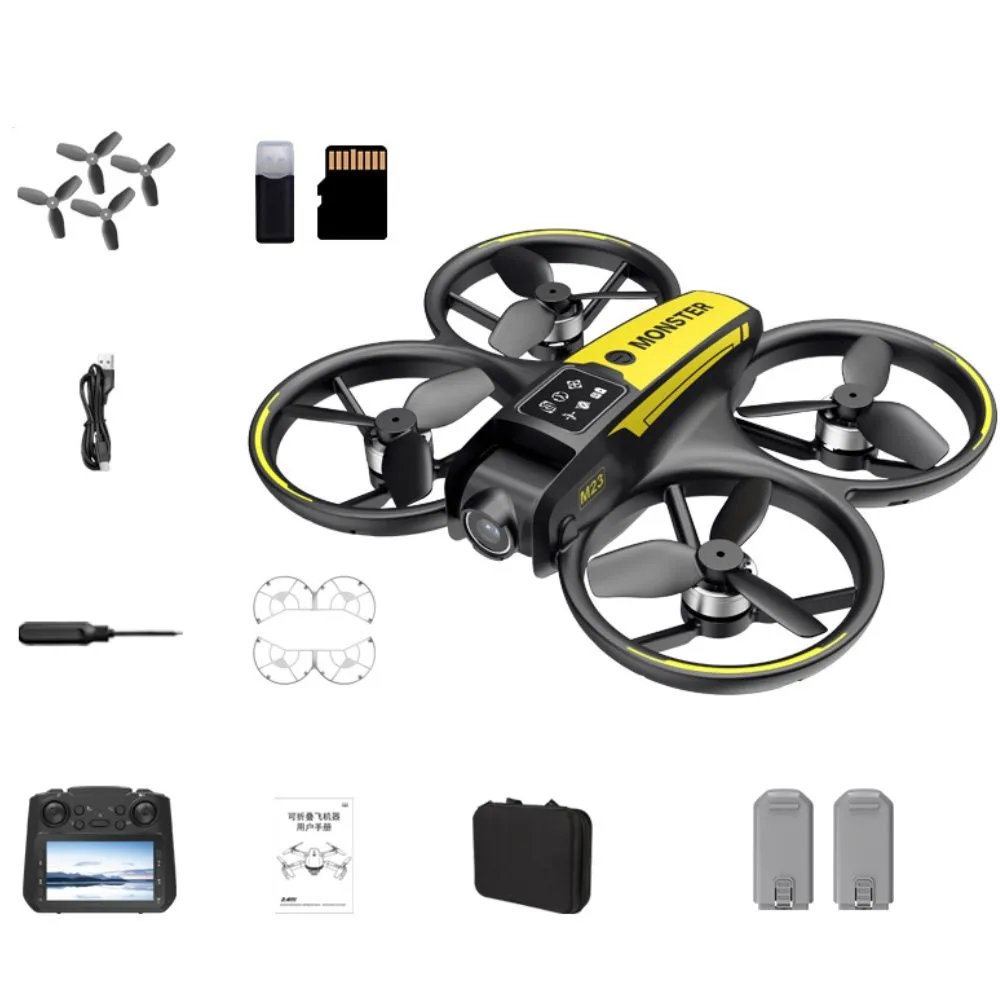 Mini Drone with Dual Camera - Obstacle Avoidance, 4.5" Screen Remote - Black, Yellow