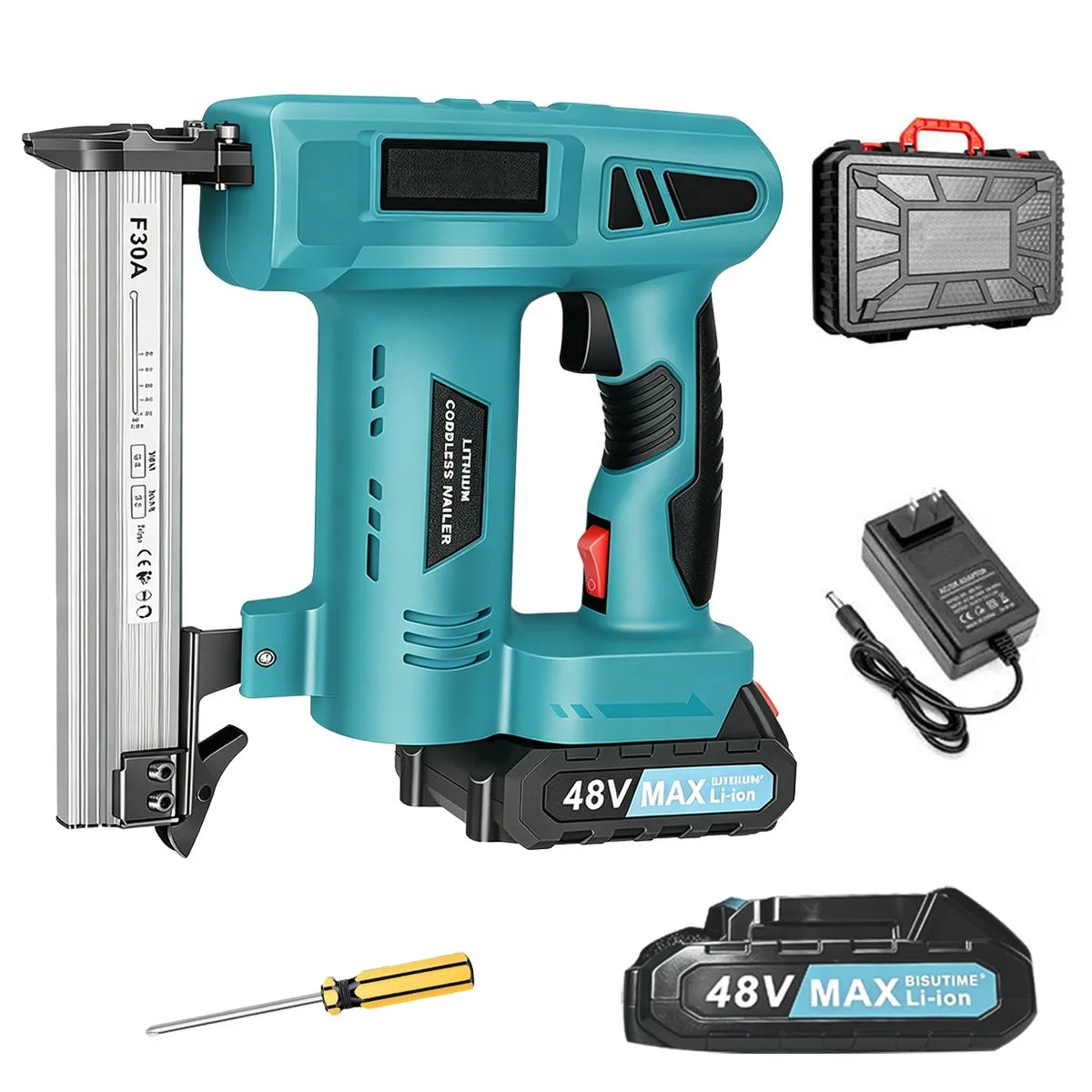 Portable Nail Gun, F30A Cordless Lithium Nailer with 2 Pack 48V Batteries