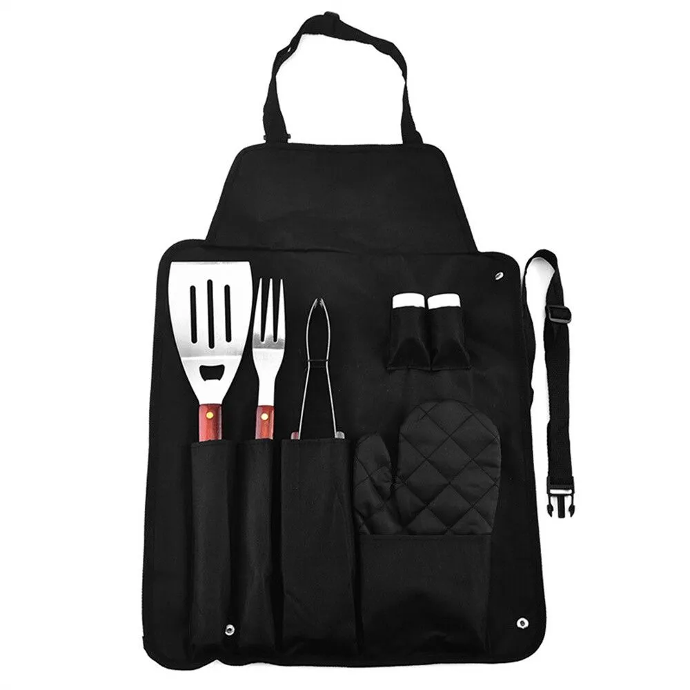 7 Pieces Set BBQ Cooking Tools Kit Wooden Utensil Set and BBQ Apron