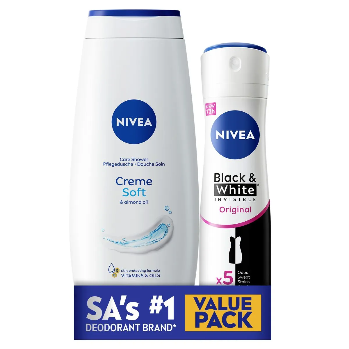 NIVEA Body Care bundle: Creme Soft Shower 500ml + Black & White Spray 150ml