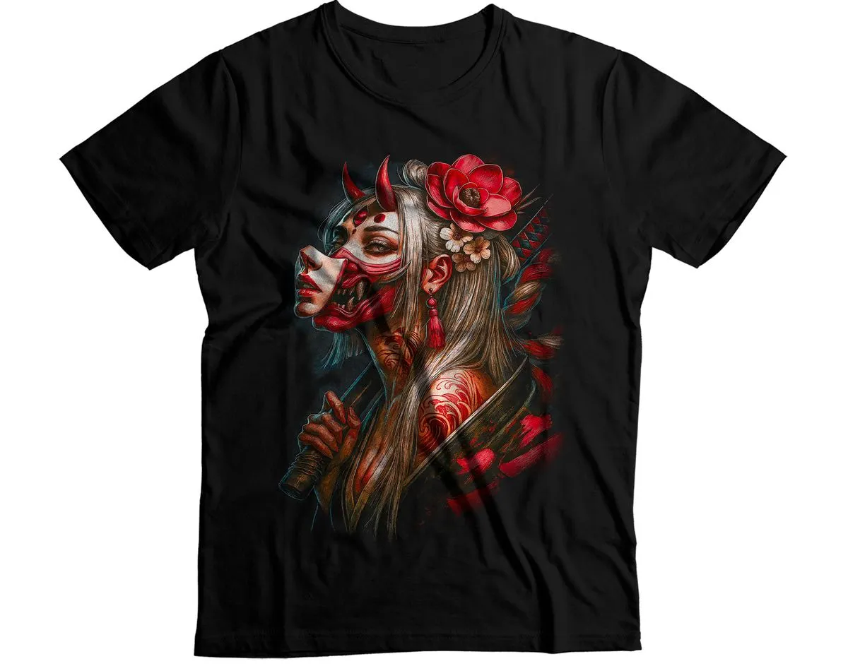 Geisha Oni Mask Red Flowers Graphic T-Shirt