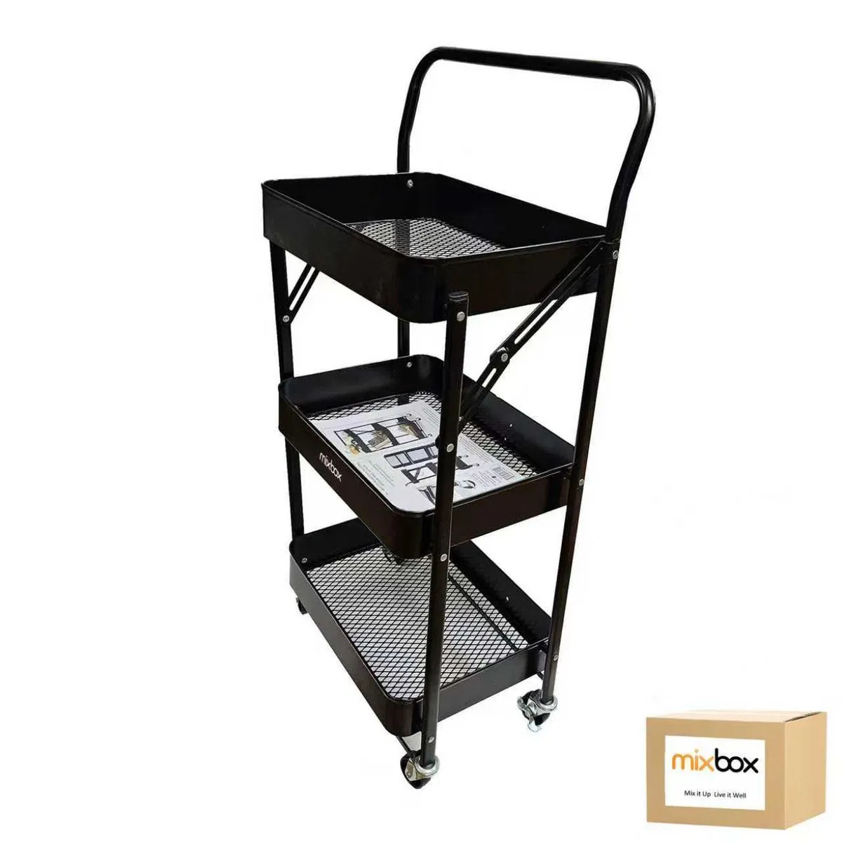 Mix Box Foldable 3-Tier Metal Multi-Function Utility Storage Trolley - Black